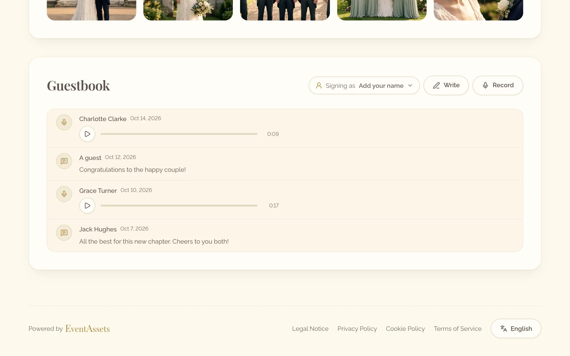 The Guestbook section on the event page with Signing as, Write and Record over the entries