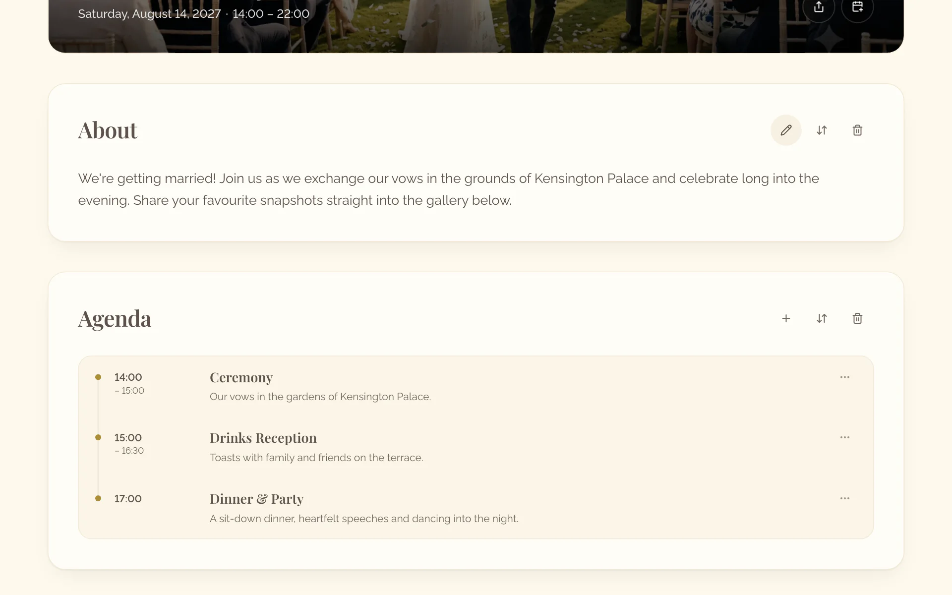 The About section on the event page with its actions beside the title