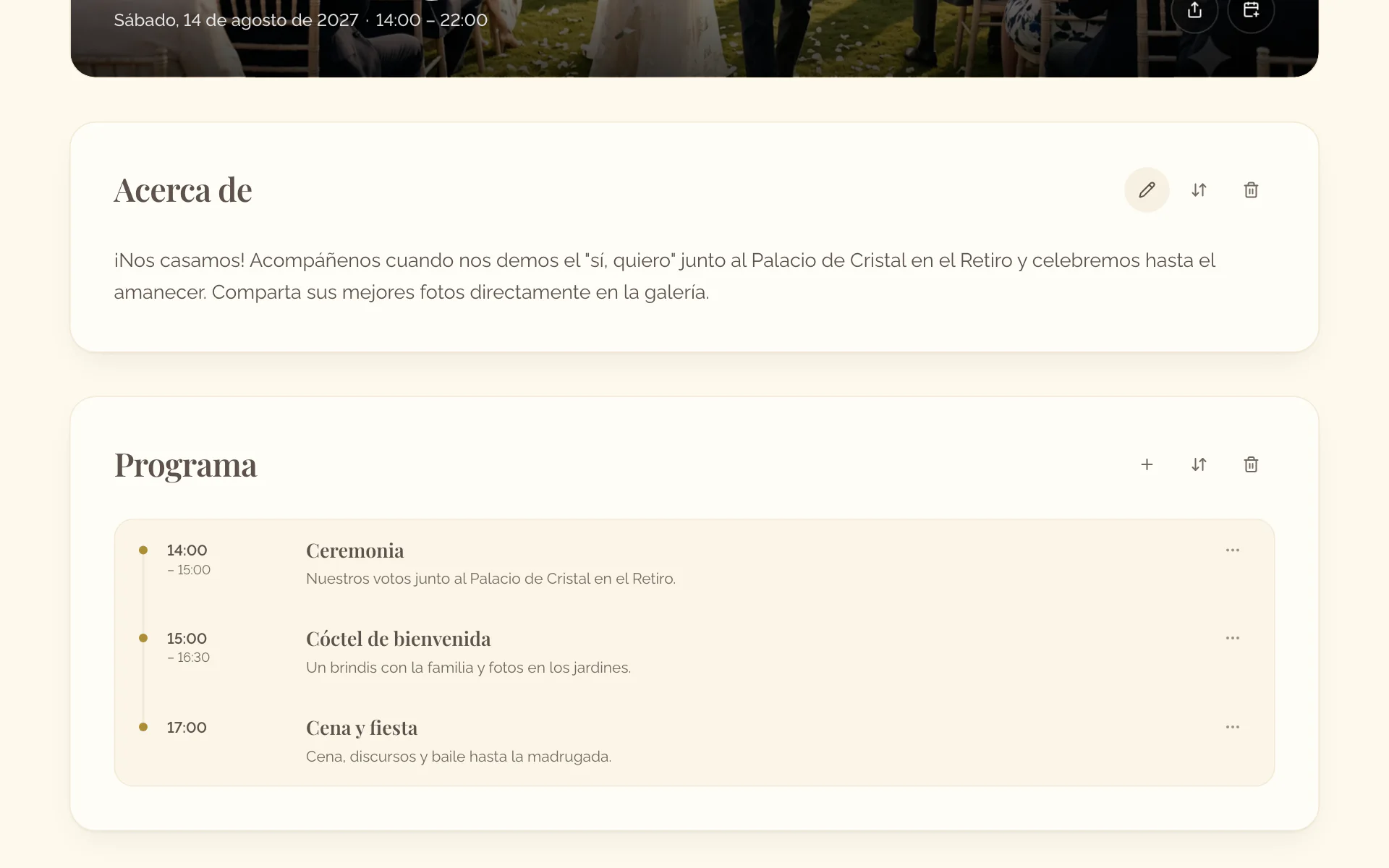 La sección Acerca de en la página del evento con sus acciones junto al título