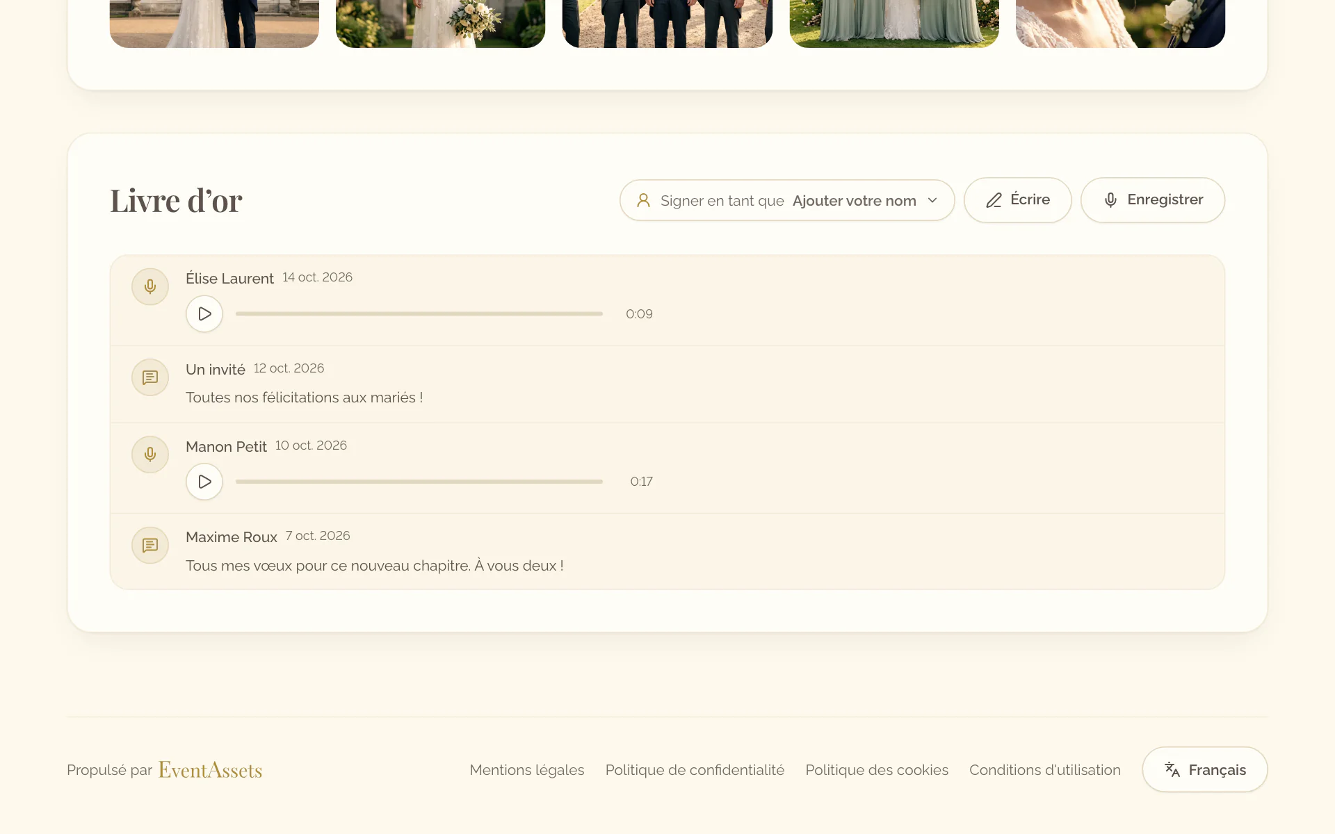 La section Livre d’or sur la page de l’événement avec Signer en tant que, Écrire et Enregistrer au-dessus des messages