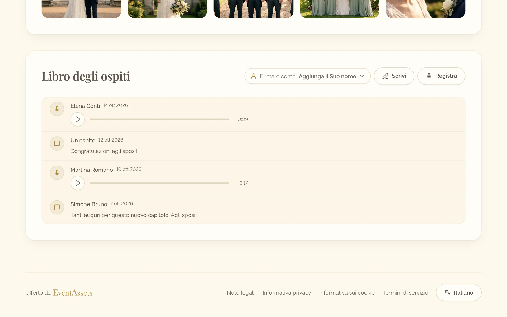 La sezione Libro degli ospiti nella pagina dell’evento con Firmare come, Scrivi e Registra sopra i messaggi