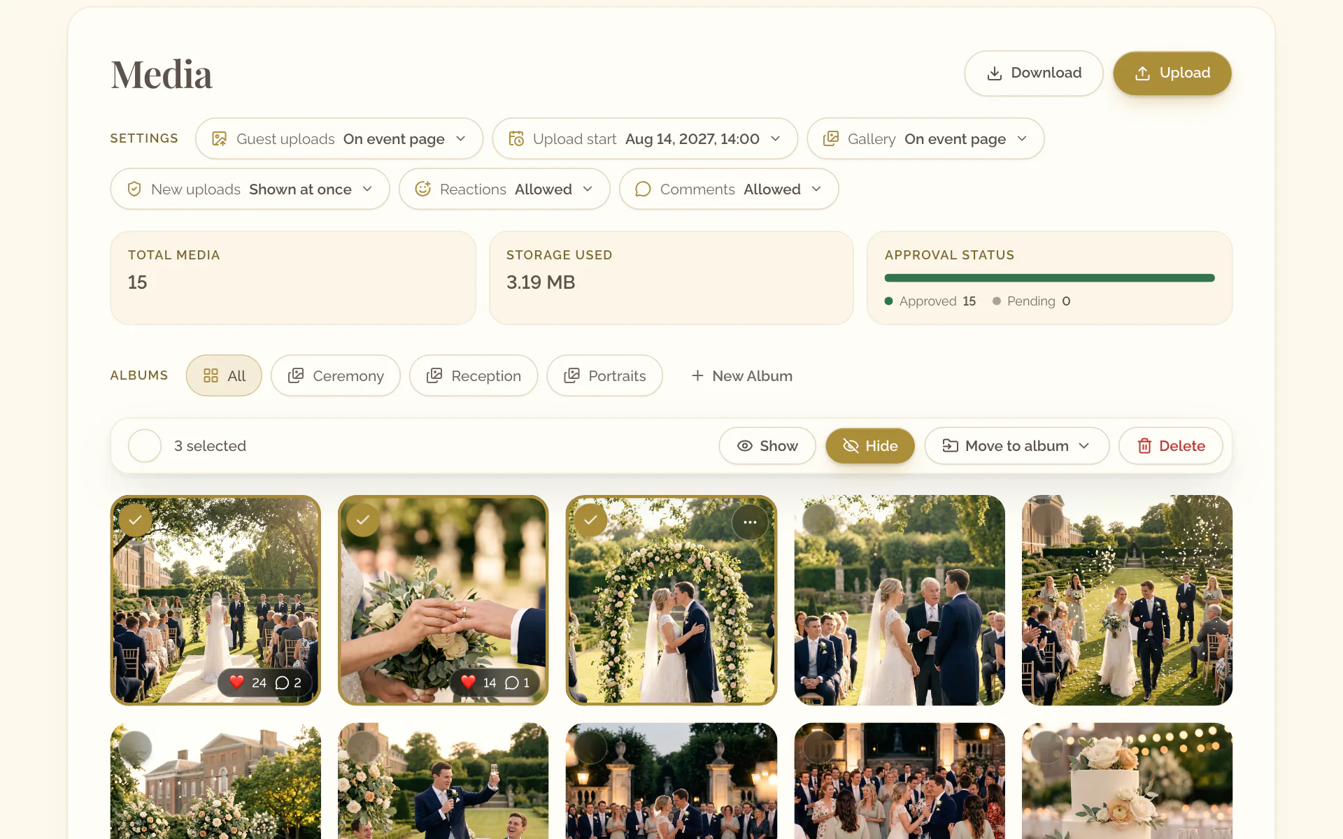 Three selected photos under the toolbar of the selection