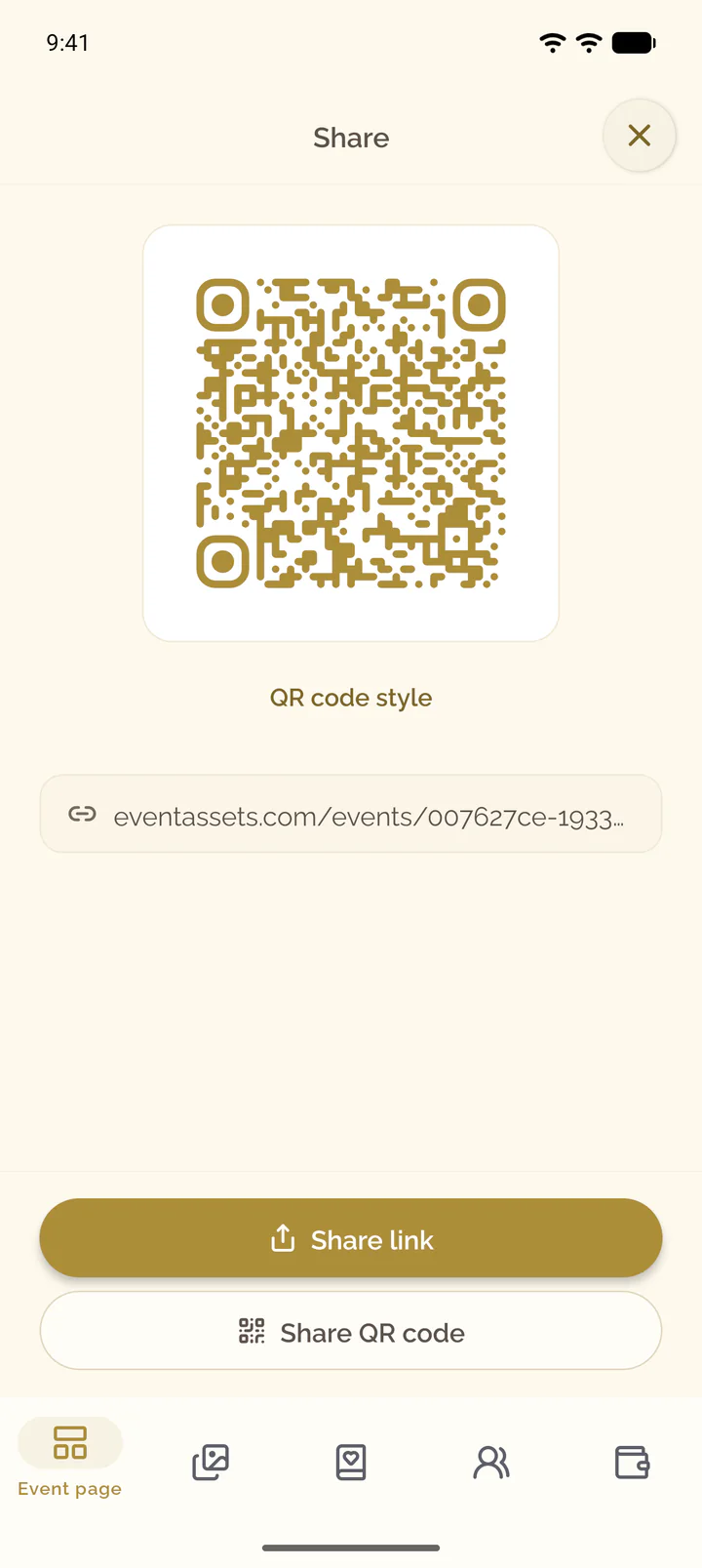 Share in the app with the QR code and QR code style under it