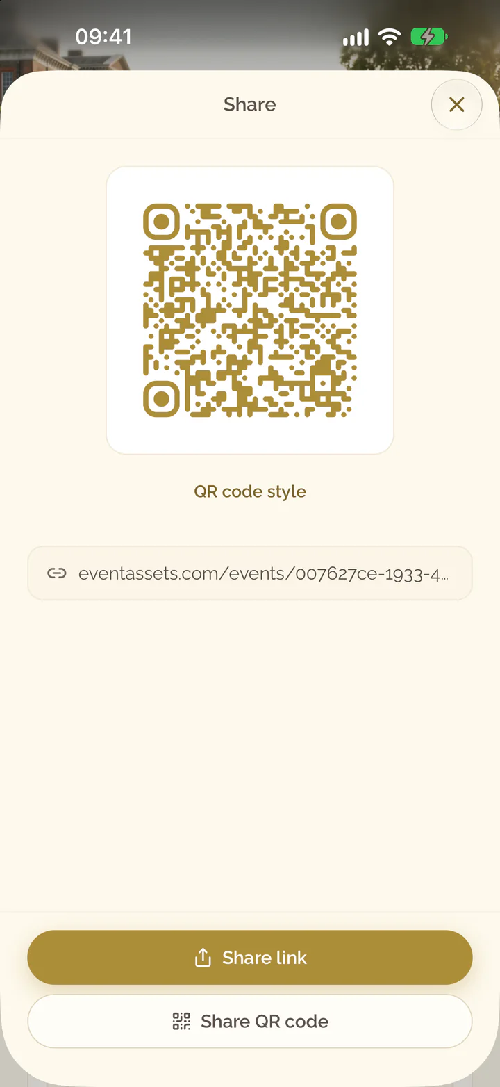 Share in the app with the QR code and QR code style under it