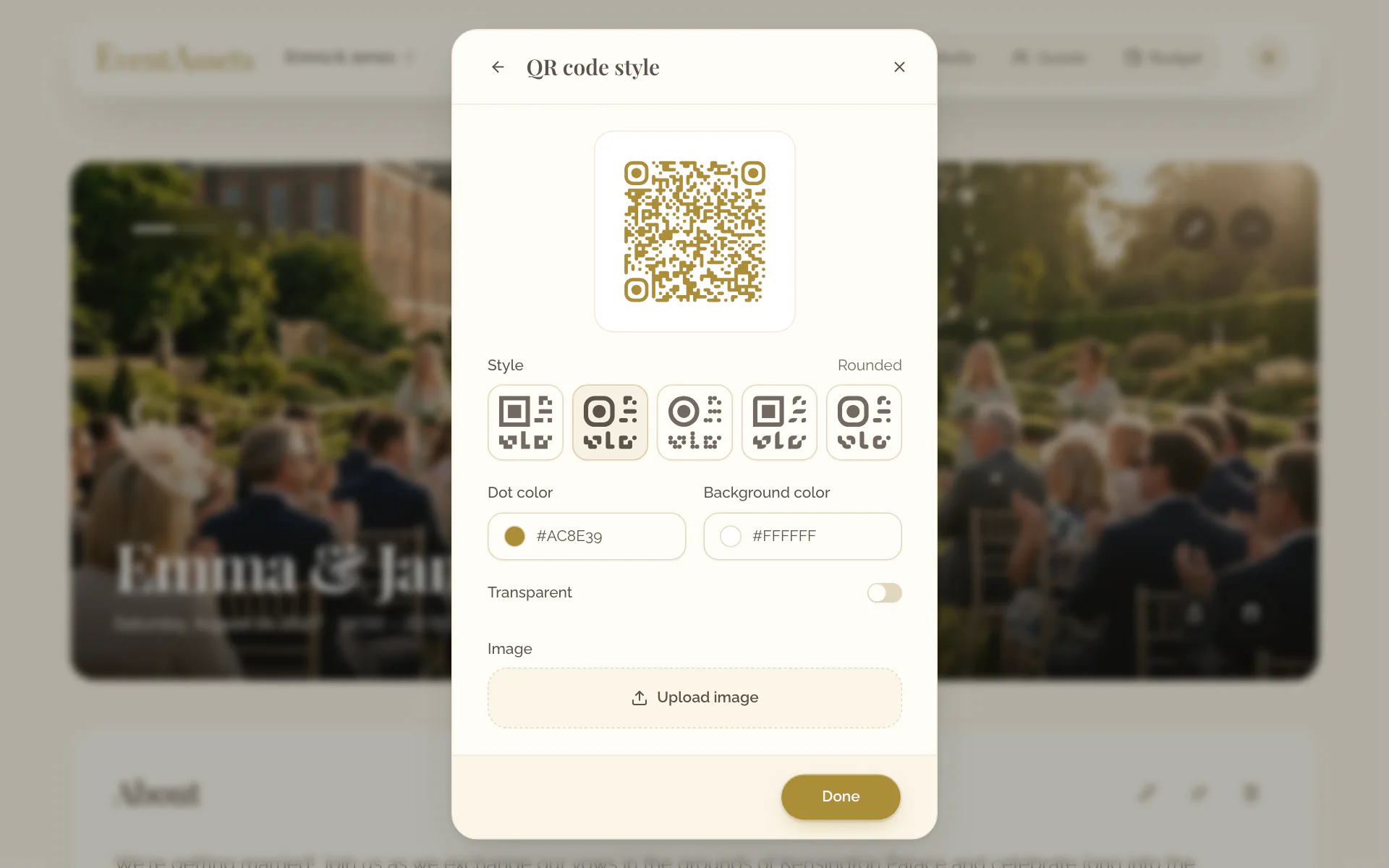 The style of the QR code in the Share dialog with the code, the styles, the colors and the image