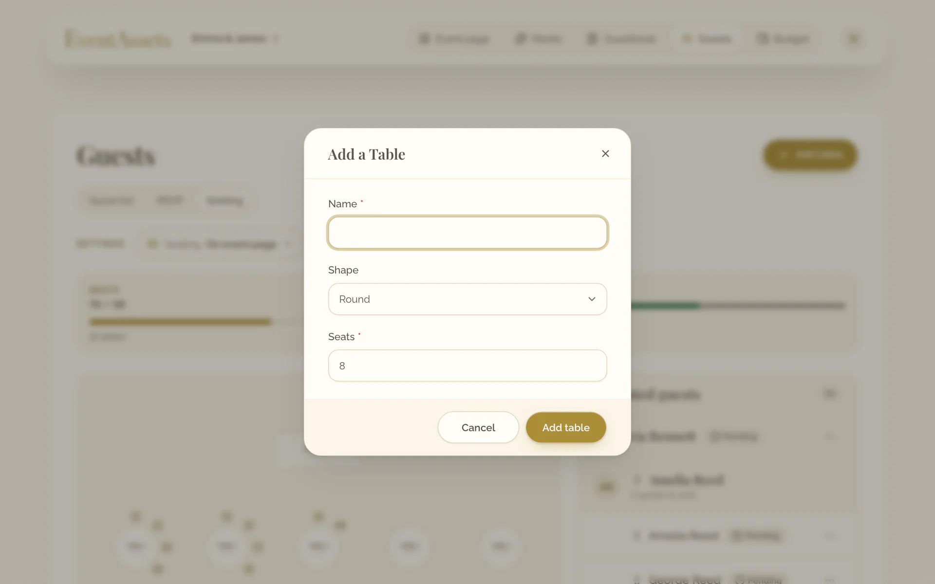 The Add a Table dialog with the fields Name, Shape and Seats