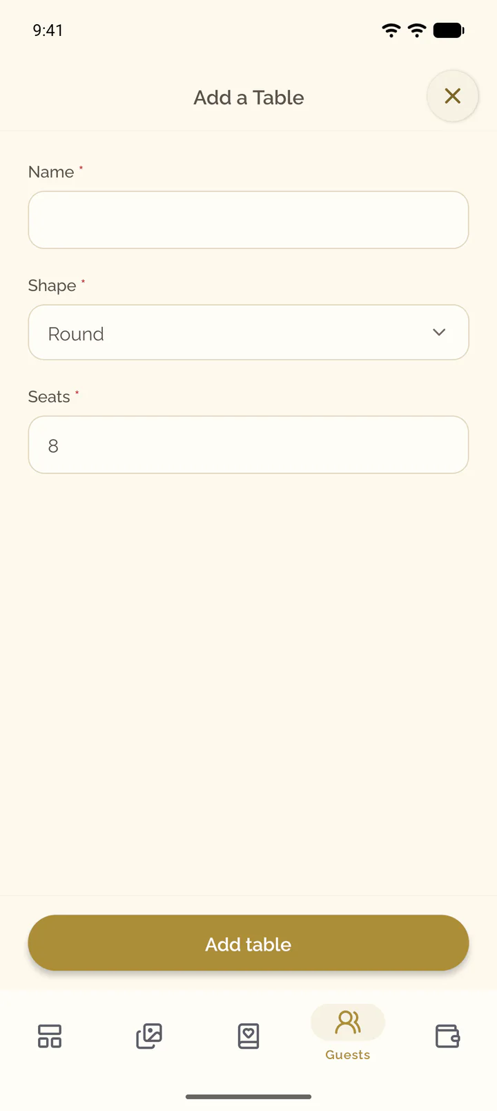 The form of a new table with the fields Name, Shape and Seats