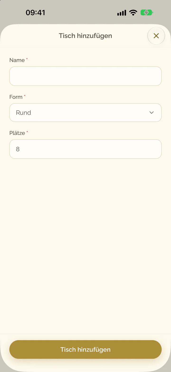 Das Formular eines neuen Tisches mit den Feldern Name, Form und Plätze
