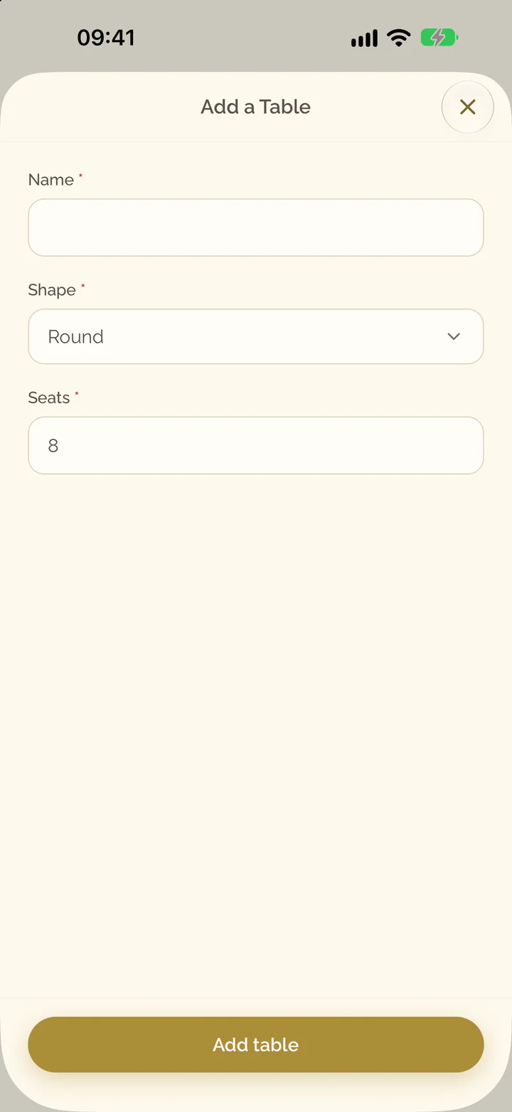 The form of a new table with the fields Name, Shape and Seats