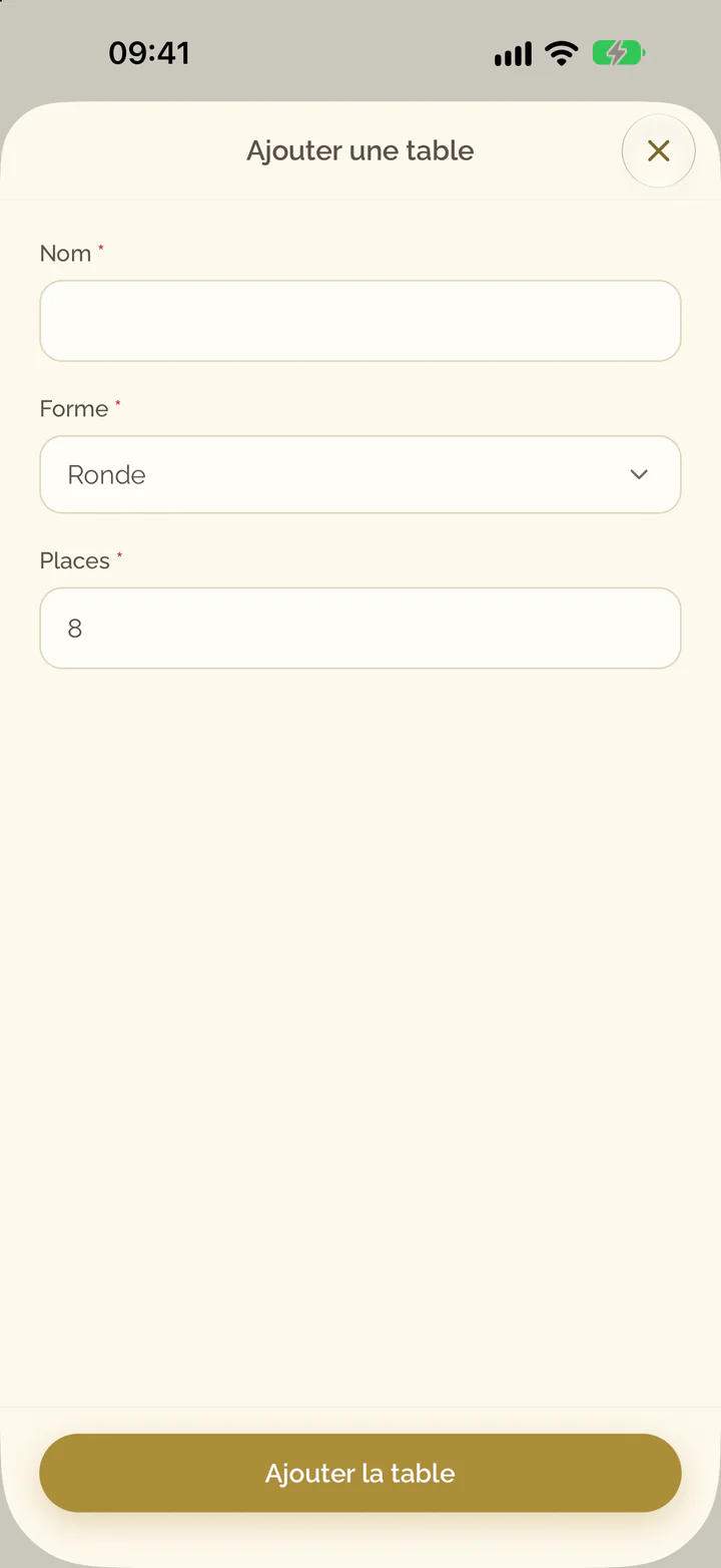 Le formulaire d’une nouvelle table avec les champs Nom, Forme et Places