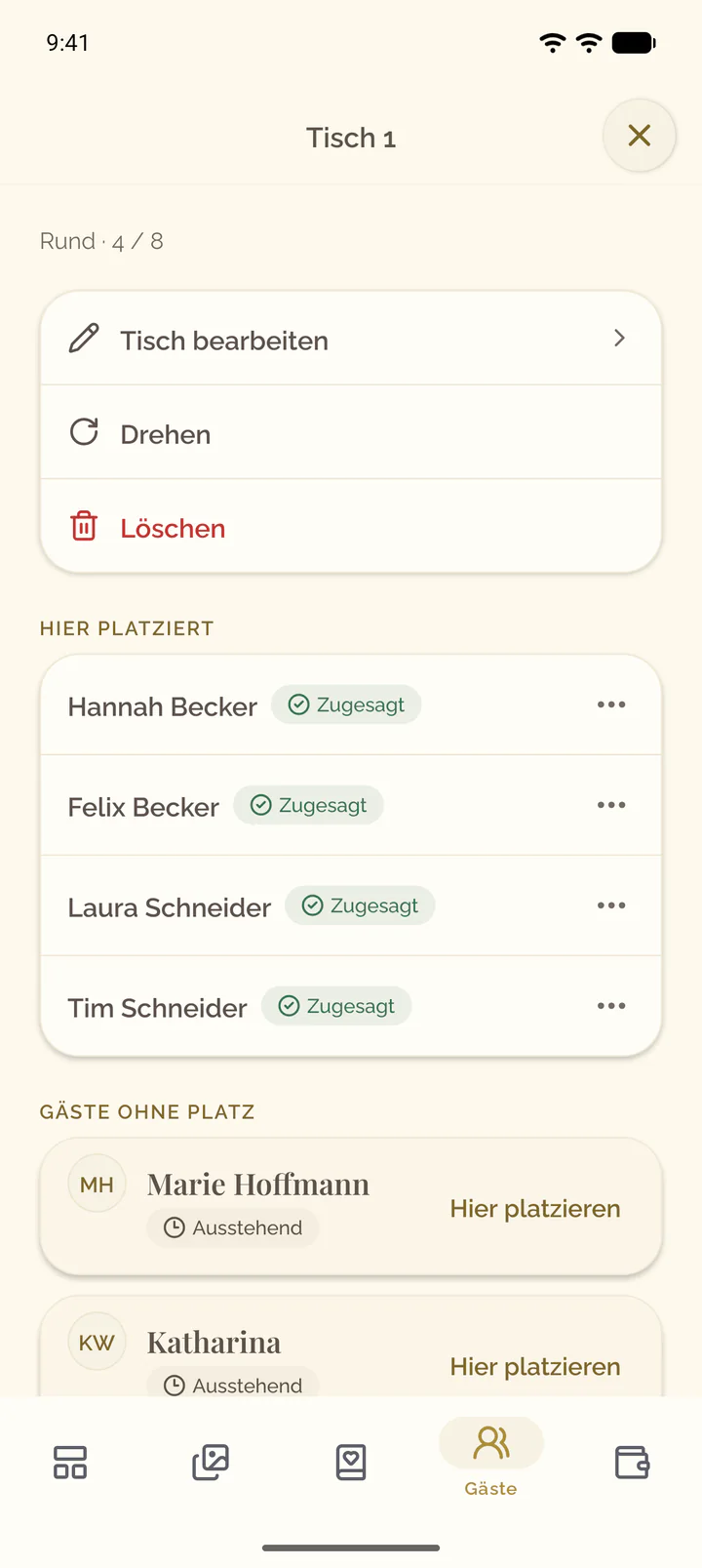 Die Details eines Tisches: Tisch bearbeiten, Drehen und Löschen, die dort platzierten Gäste und die Gäste ohne Platz mit Hier platzieren