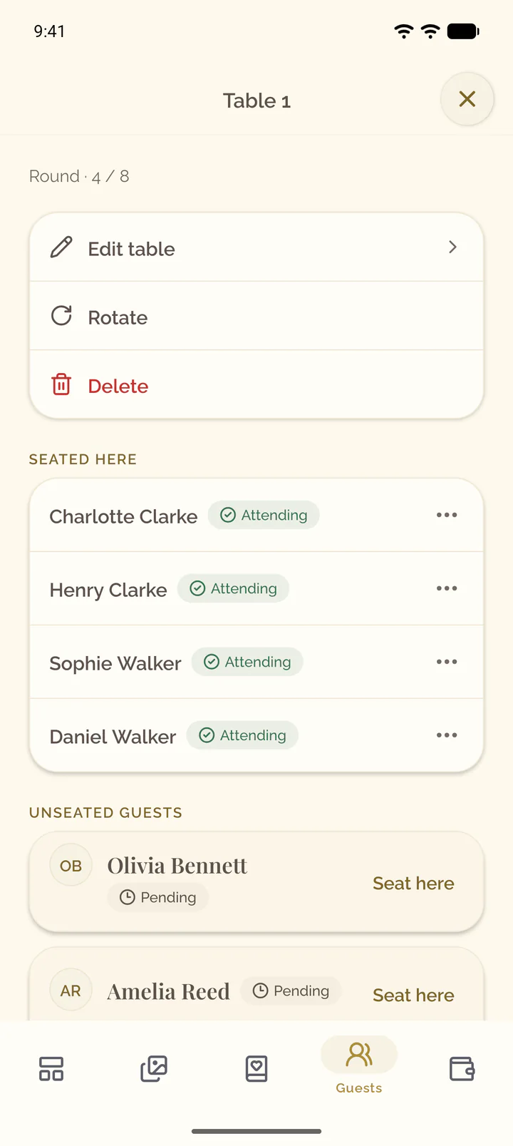 The details of a table: Edit table, Rotate and Delete, the guests seated there, and the unseated guests with Seat here