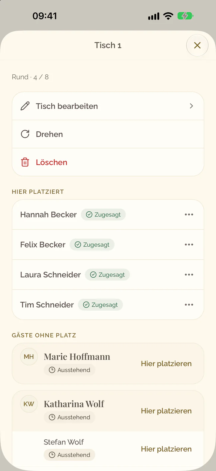 Die Details eines Tisches: Tisch bearbeiten, Drehen und Löschen, die dort platzierten Gäste und die Gäste ohne Platz mit Hier platzieren