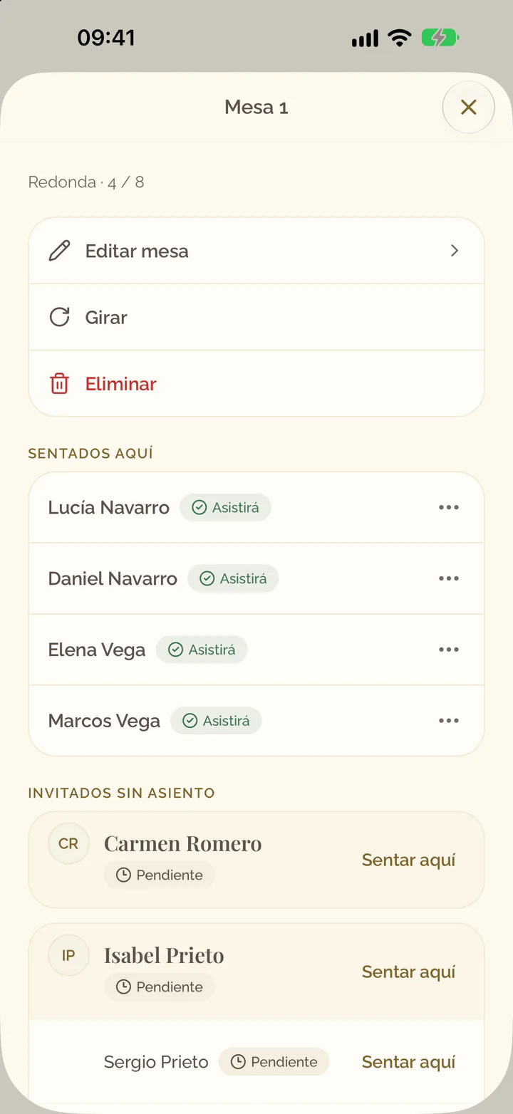 Los detalles de una mesa: Editar mesa, Girar y Eliminar, los invitados sentados en ella y los invitados sin asiento con Sentar aquí