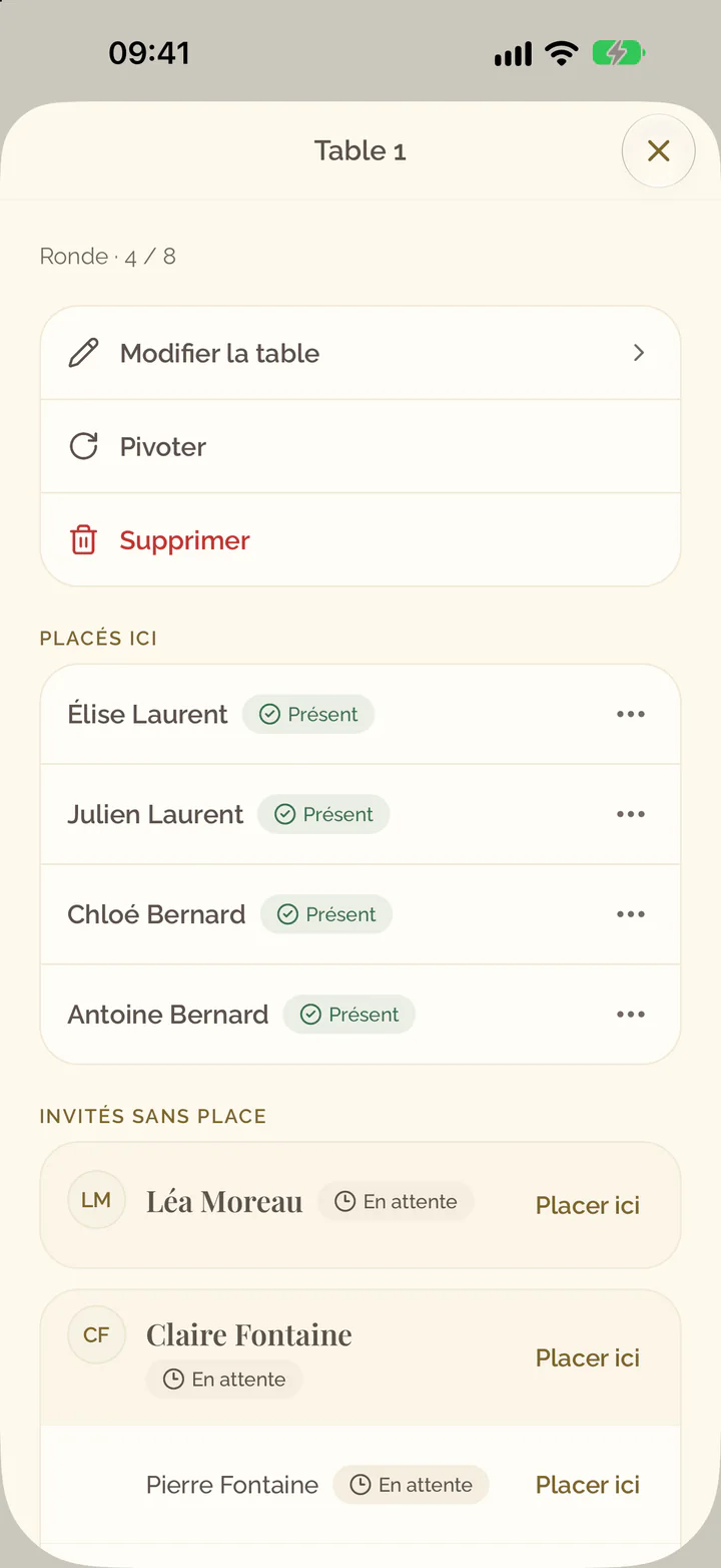 Les détails d’une table : Modifier la table, Pivoter et Supprimer, les invités qui y sont placés et les invités sans place avec Placer ici