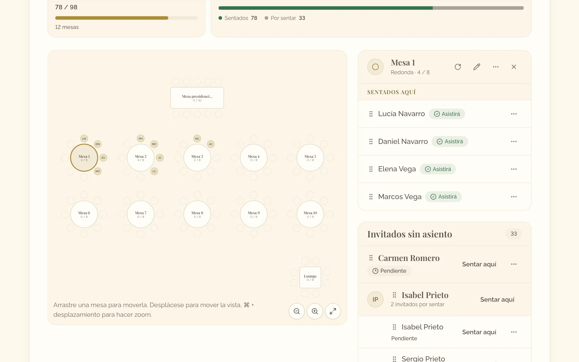 Una mesa seleccionada en el plano y, al lado, sus detalles: Girar, Editar mesa, los invitados sentados en ella y los invitados sin asiento con Sentar aquí