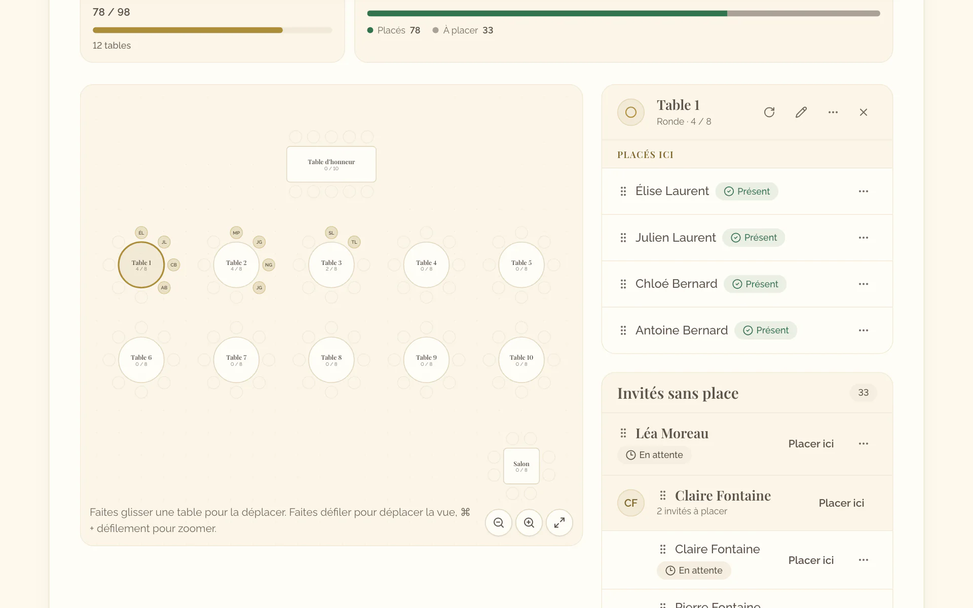 Une table sélectionnée sur le plan et, à côté, ses détails : Pivoter, Modifier la table, les invités qui y sont placés et les invités sans place avec Placer ici