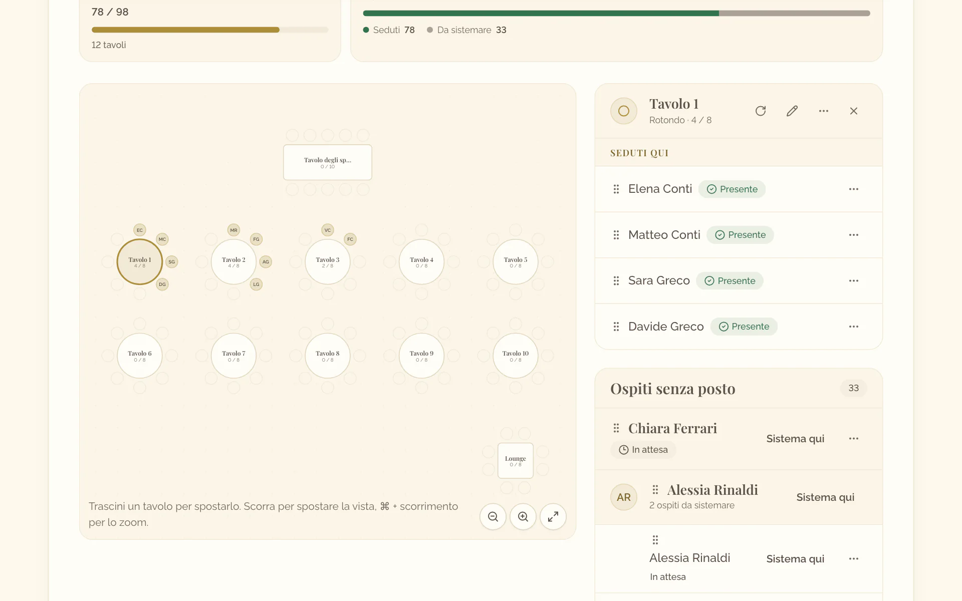 Un tavolo selezionato sulla mappa e, accanto, i suoi dettagli: Ruota, Modifica tavolo, gli ospiti sistemati lì e gli ospiti senza posto con Sistema qui