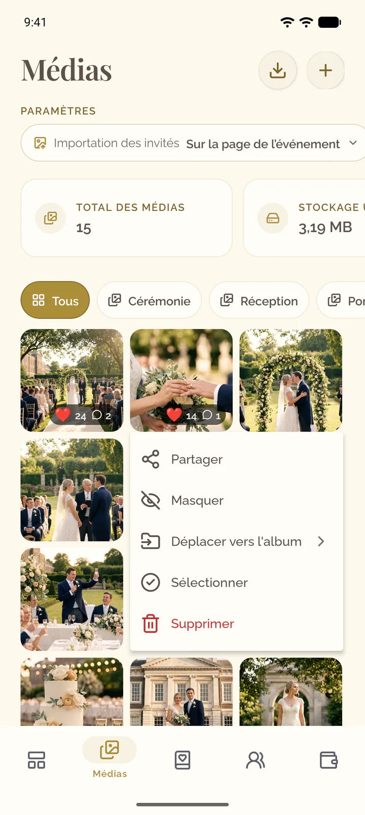 Le menu d'une photo dans l'app