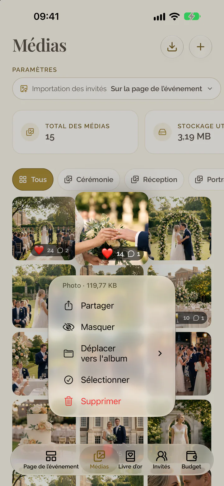 Le menu d'une photo dans l'app