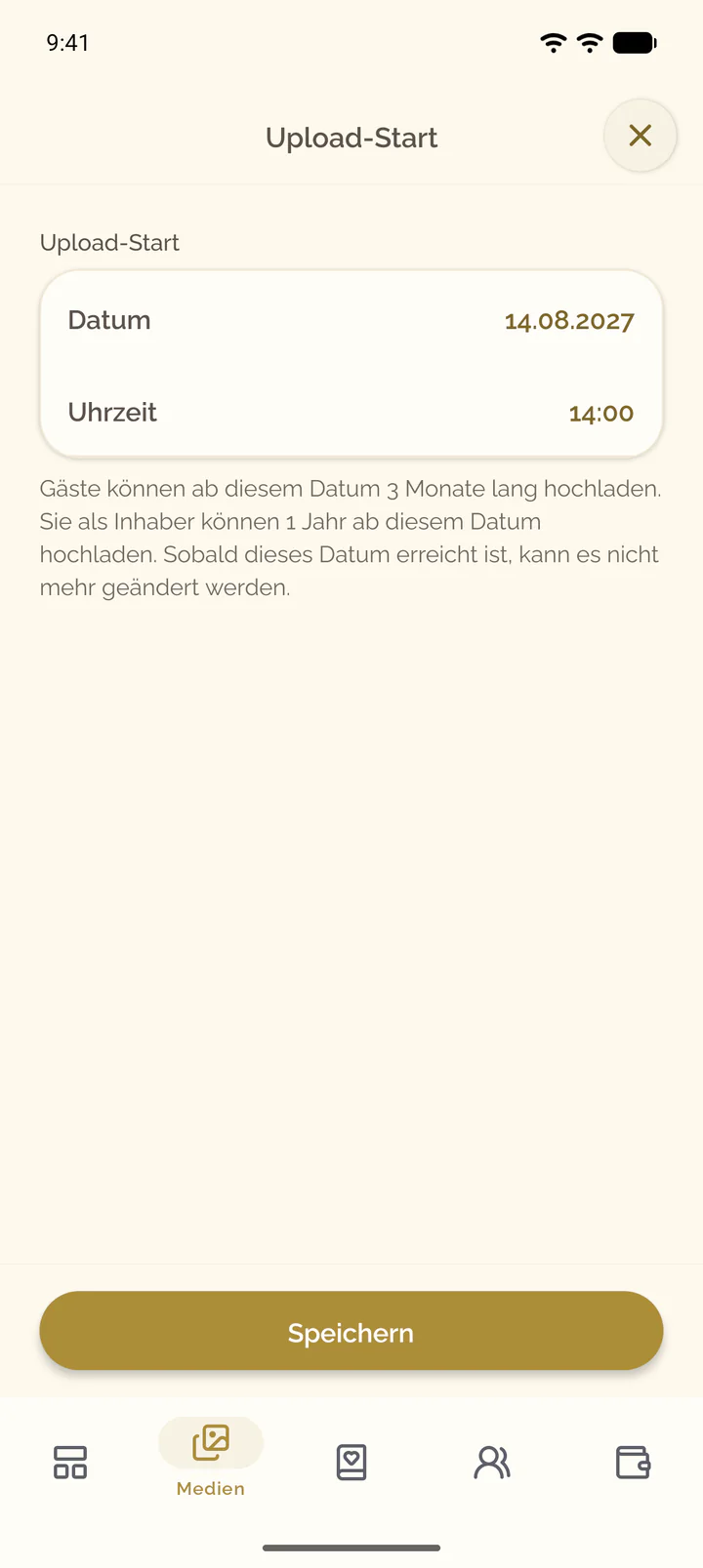 Der Bildschirm Upload-Start der App mit Datum und Uhrzeit