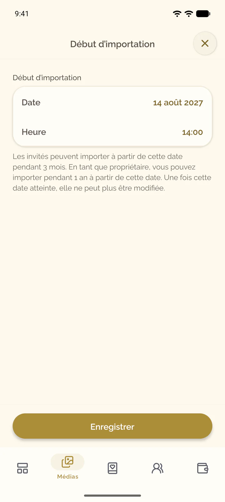 L’écran Début d’importation de l’application avec la date et l’heure