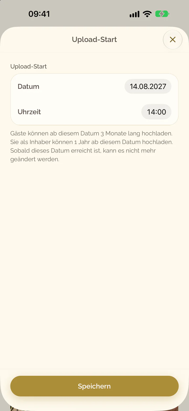 Der Bildschirm Upload-Start der App mit Datum und Uhrzeit