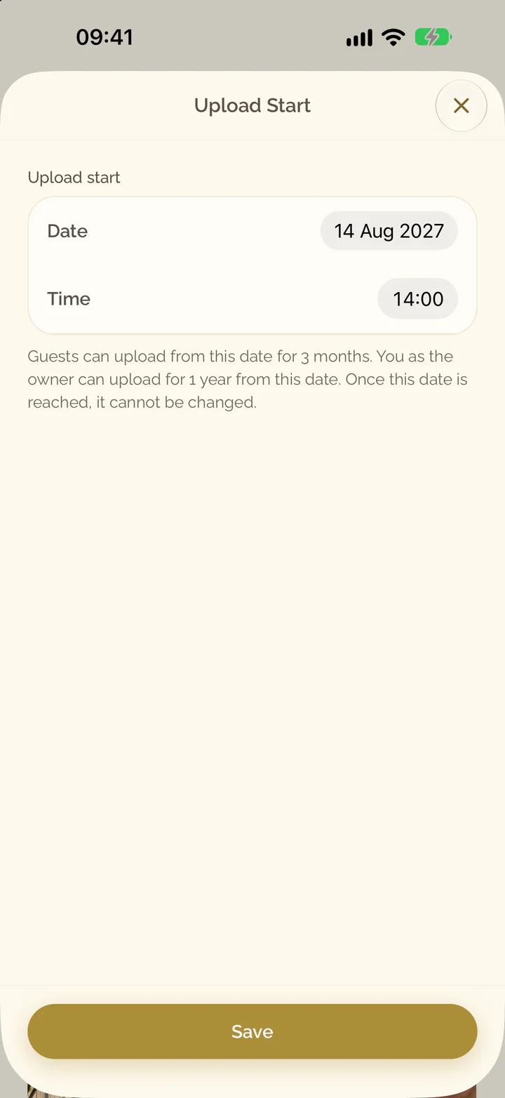 The Upload Start screen of the app with the date and the time