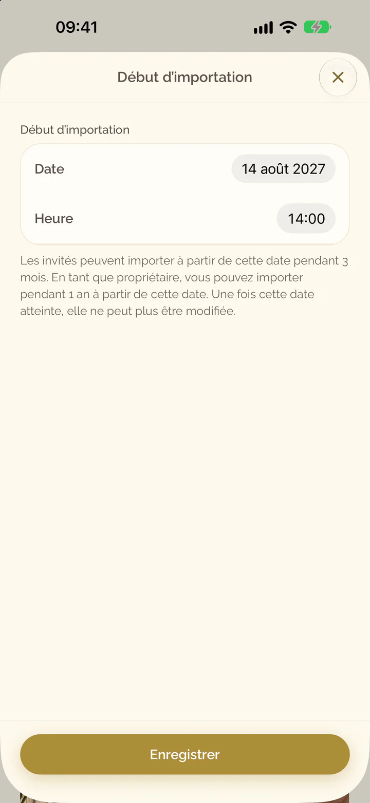 L’écran Début d’importation de l’application avec la date et l’heure