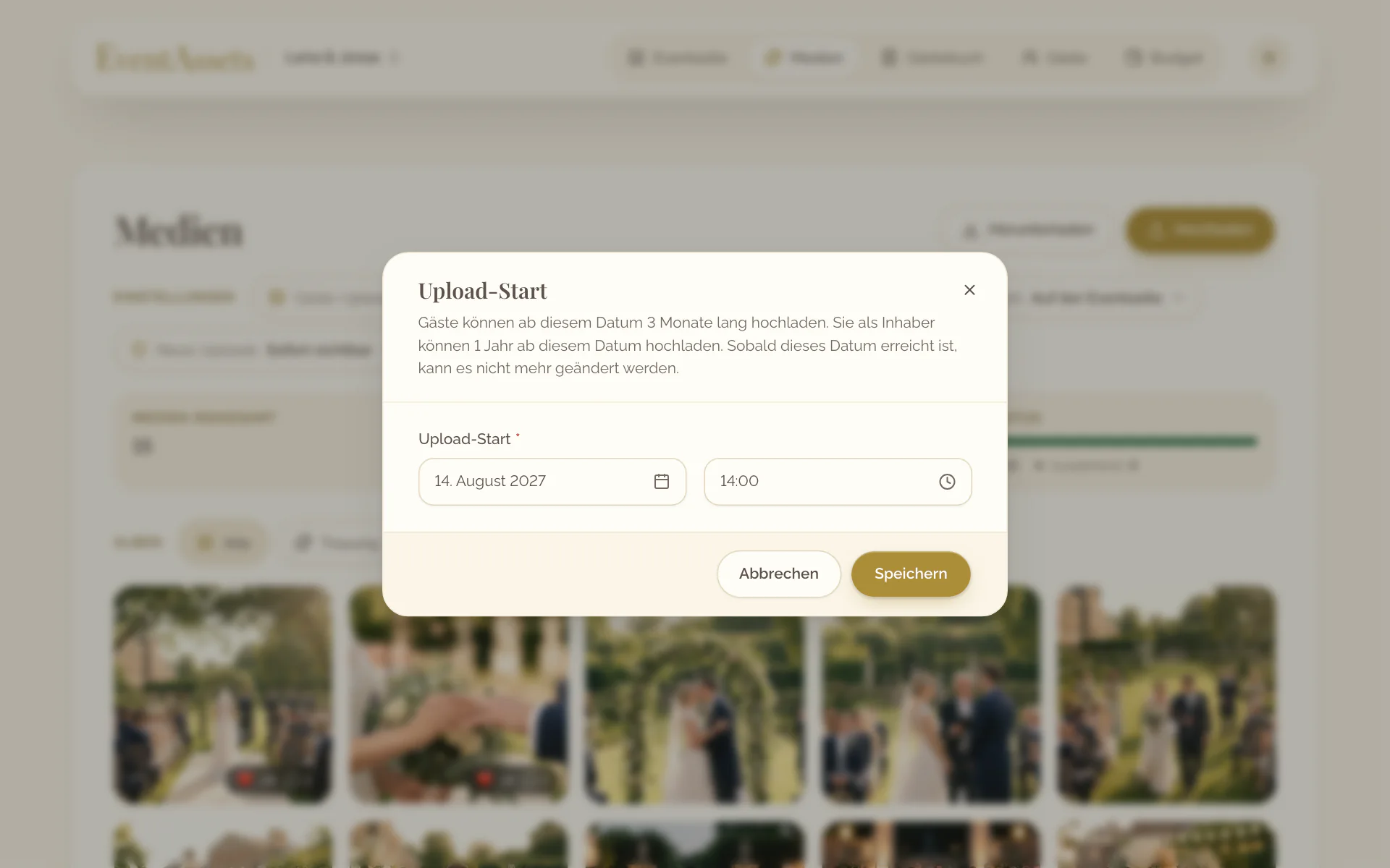 Der Dialog Upload-Start mit Datum und Uhrzeit