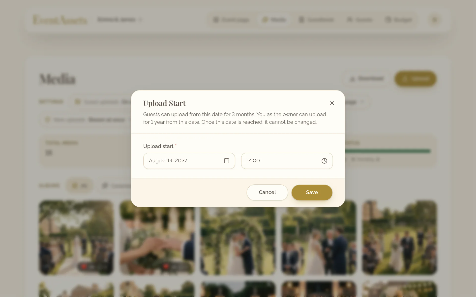 The Upload Start dialog with the date and the time