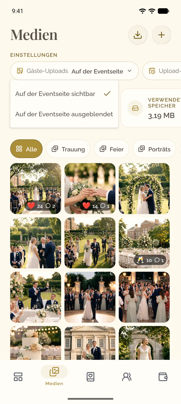 Das Menü der Upload-Einstellung in der App