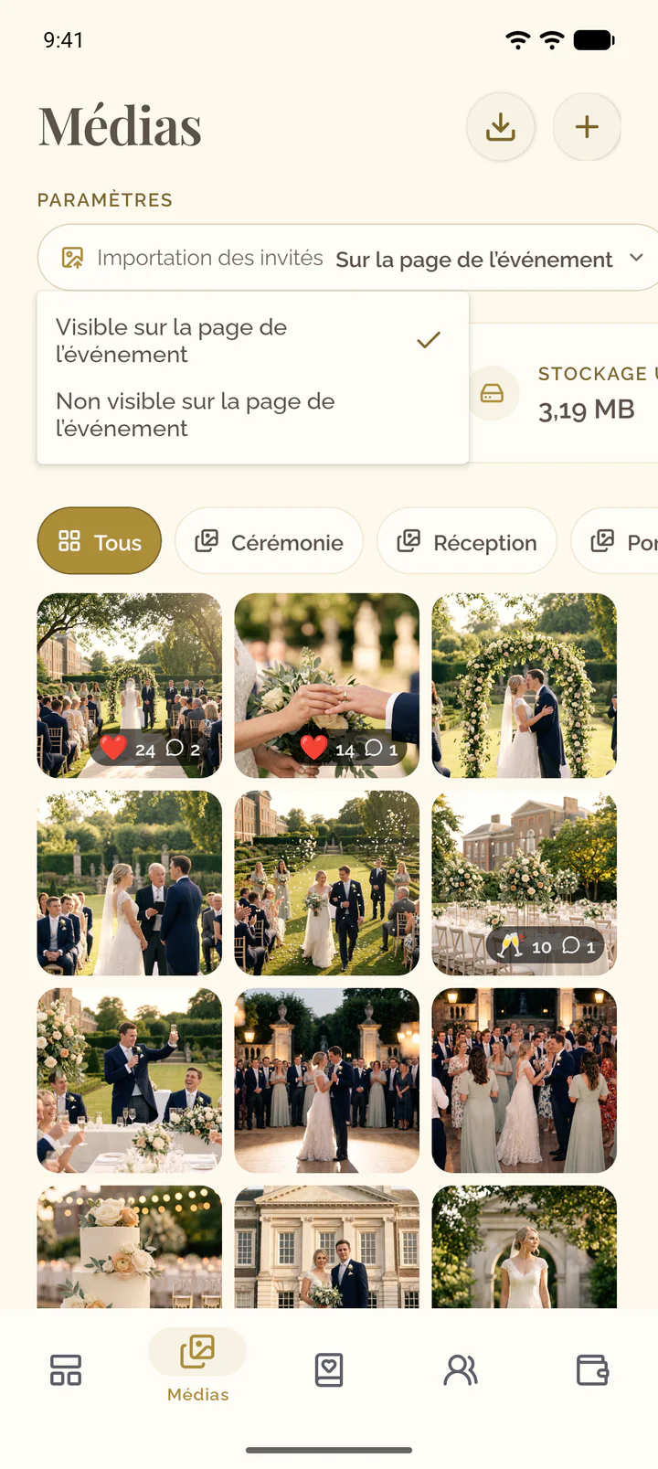 Le menu du réglage des envois dans l'app