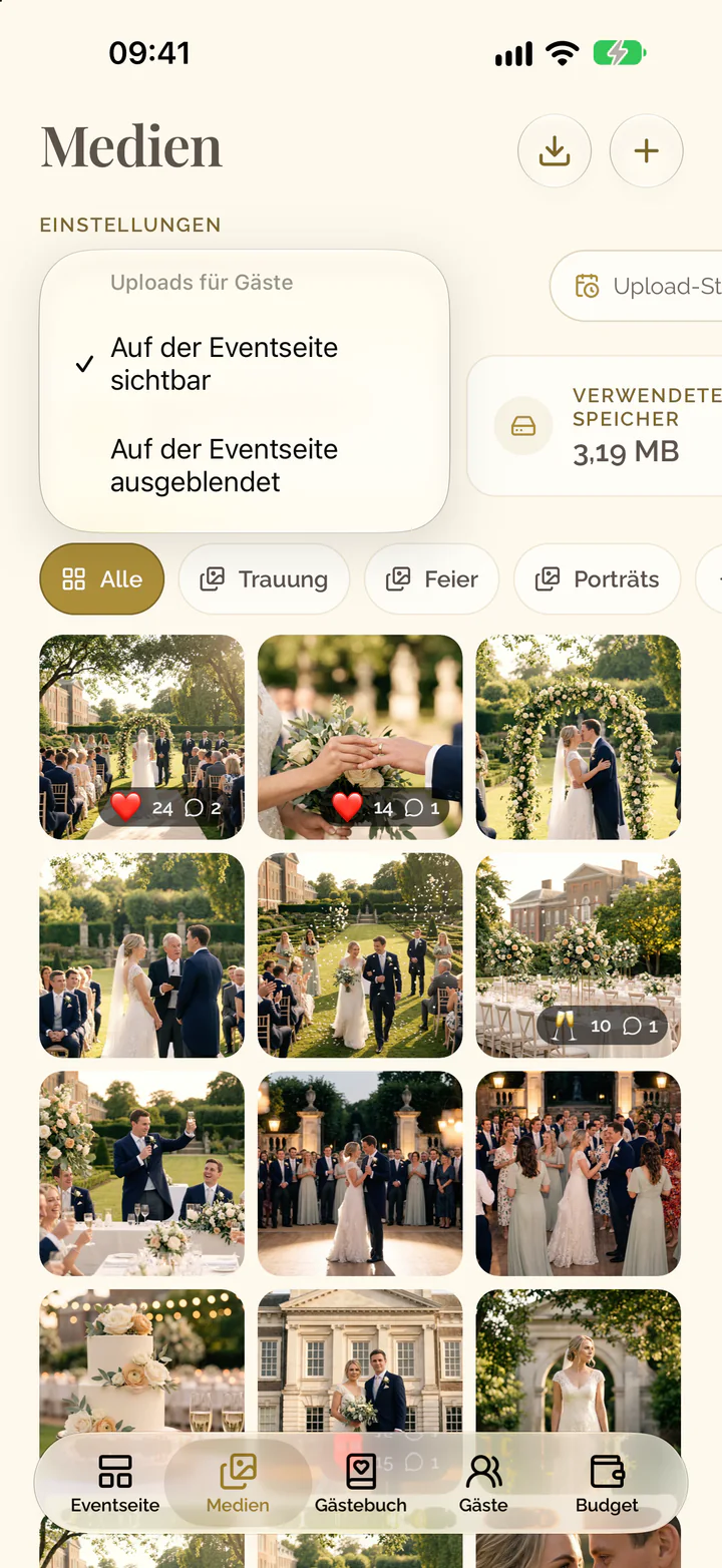 Das Menü der Upload-Einstellung in der App