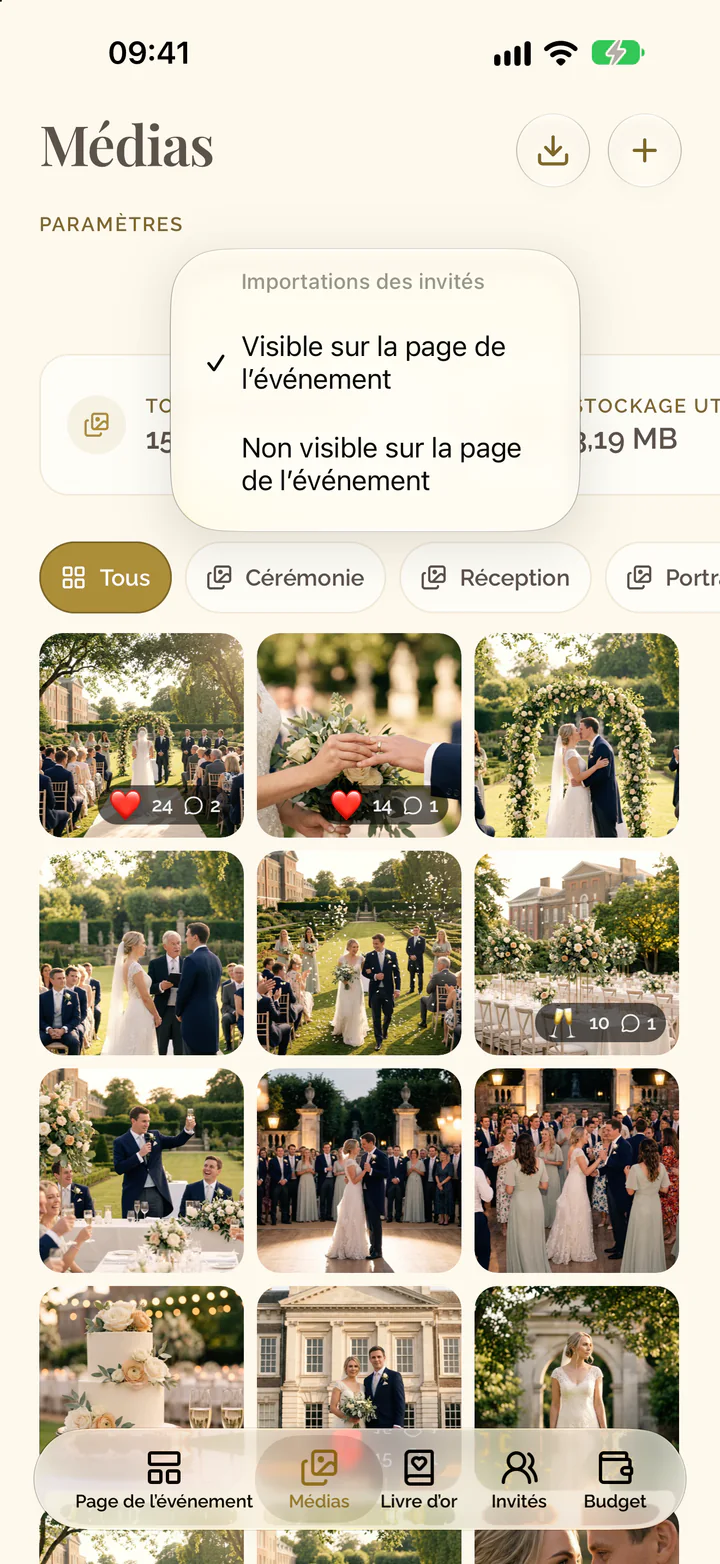 Le menu du réglage des envois dans l'app