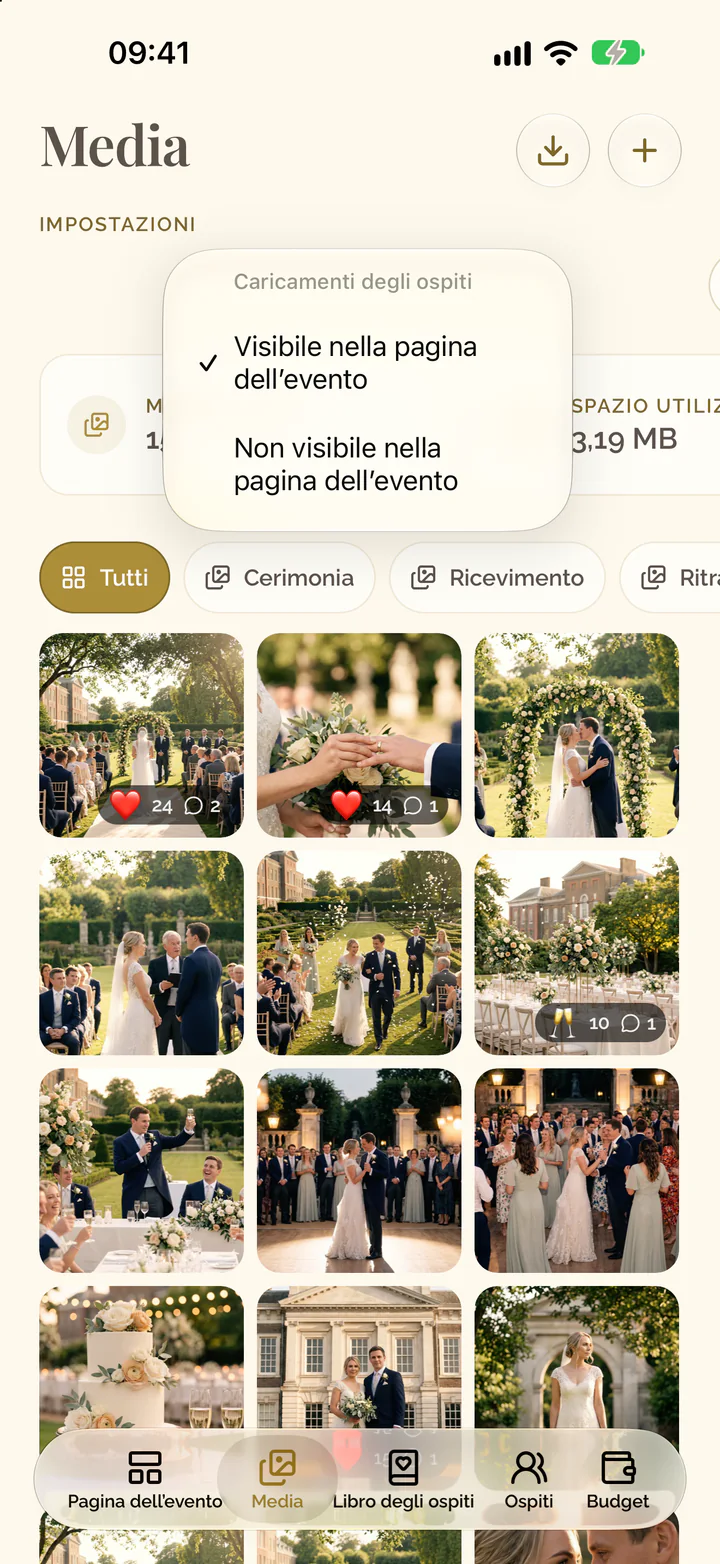 Il menu dell'impostazione dei caricamenti nell'app