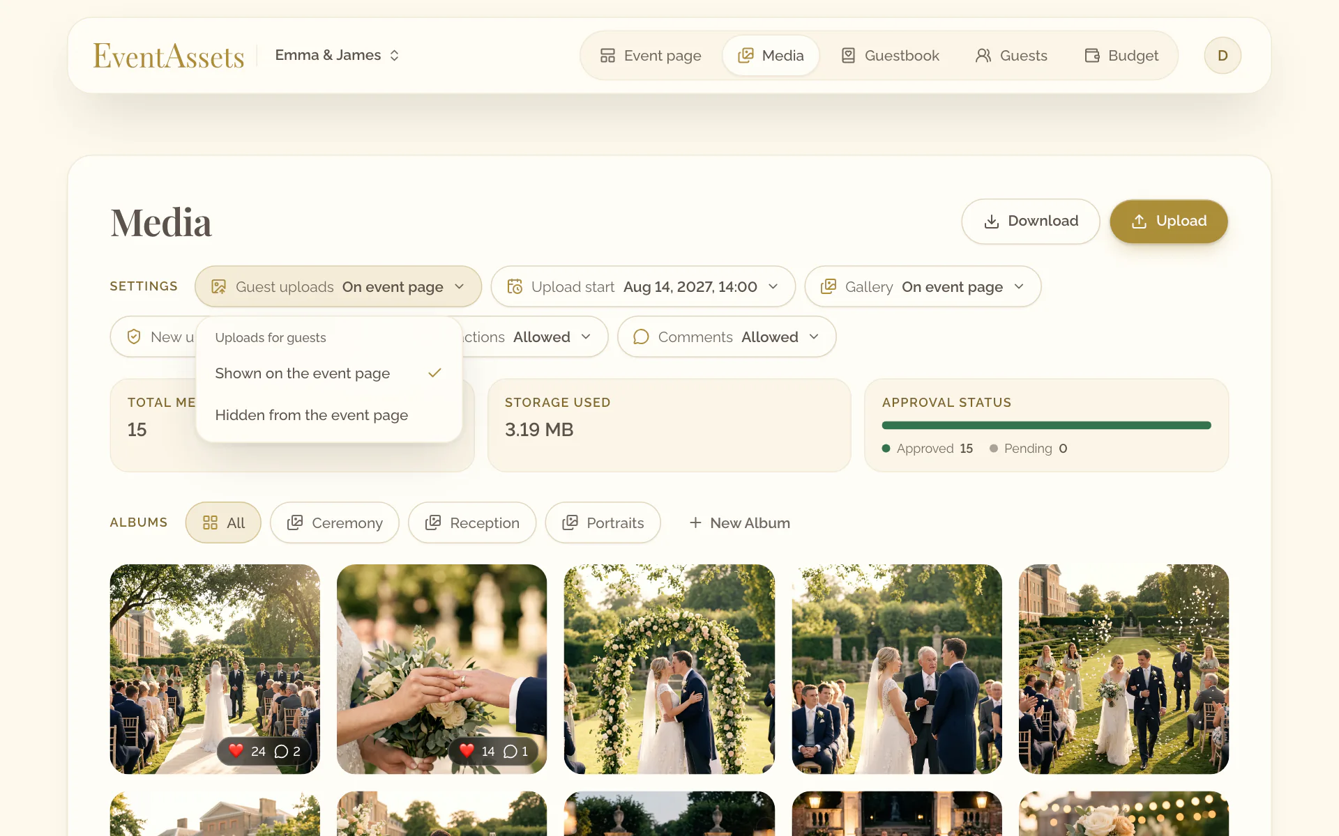 The setting Guest uploads of the Media tab, open with its two choices