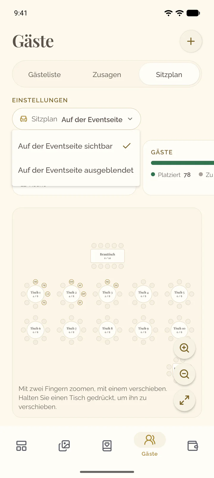 Das geöffnete Menü der Einstellung Sitzplan: Auf der Eventseite sichtbar oder Auf der Eventseite ausgeblendet