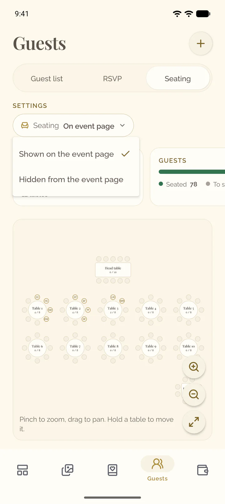 The open menu of the Seating setting: Shown on the event page or Hidden from the event page