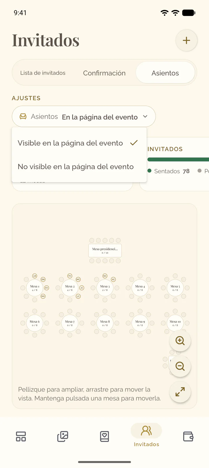 El menú abierto del ajuste Asientos: Visible en la página del evento o No visible en la página del evento