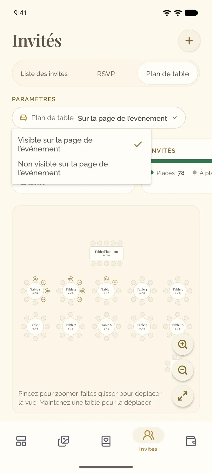 Le menu ouvert du réglage Plan de table : Visible sur la page de l’événement ou Non visible sur la page de l’événement