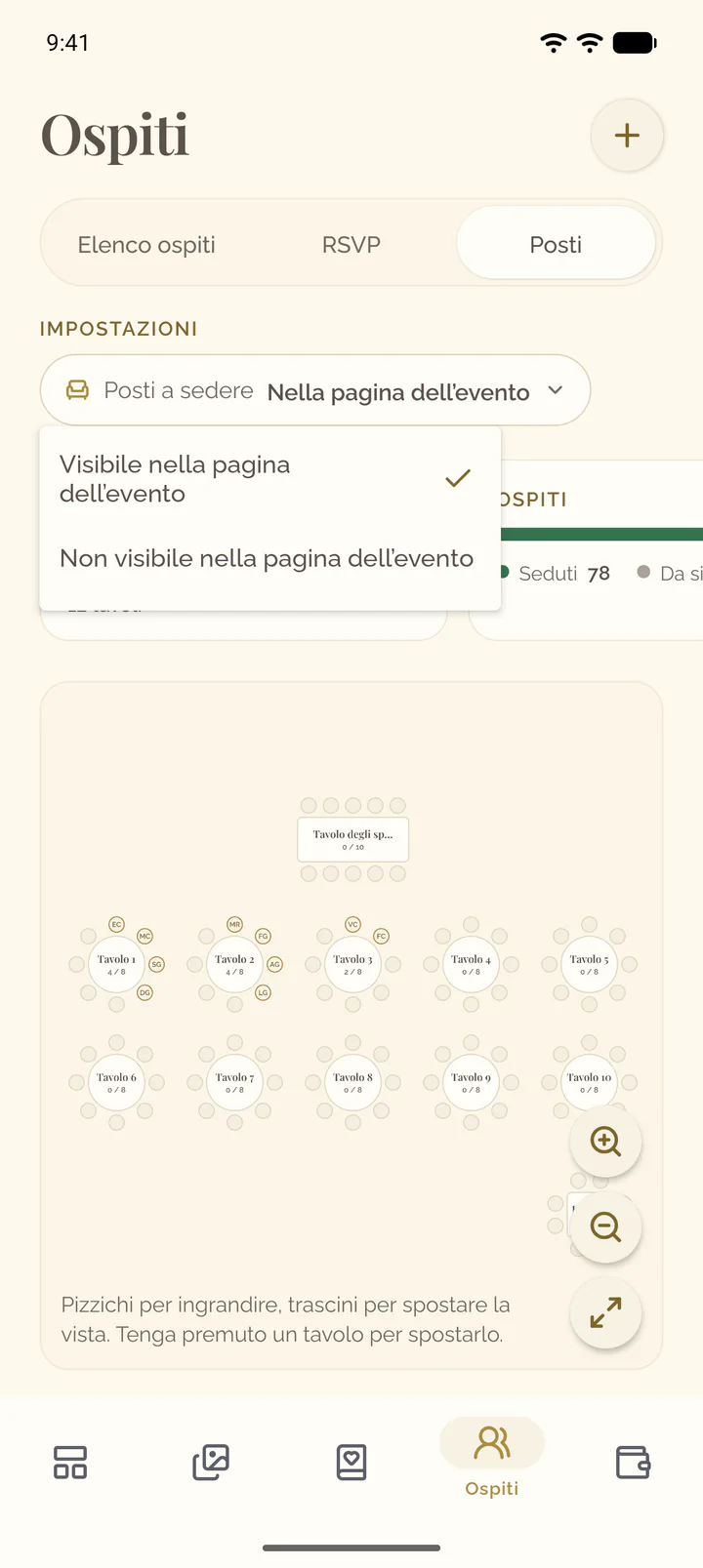 Il menu aperto dell’impostazione Posti a sedere: Visibile nella pagina dell’evento o Non visibile nella pagina dell’evento