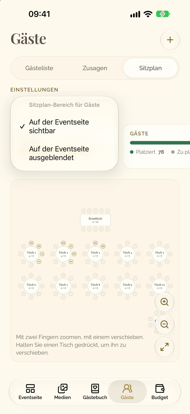 Das geöffnete Menü der Einstellung Sitzplan: Auf der Eventseite sichtbar oder Auf der Eventseite ausgeblendet