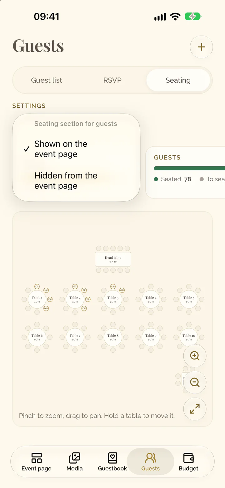 The open menu of the Seating setting: Shown on the event page or Hidden from the event page
