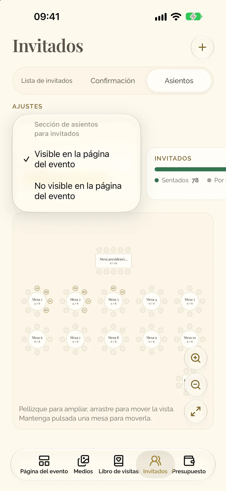 El menú abierto del ajuste Asientos: Visible en la página del evento o No visible en la página del evento