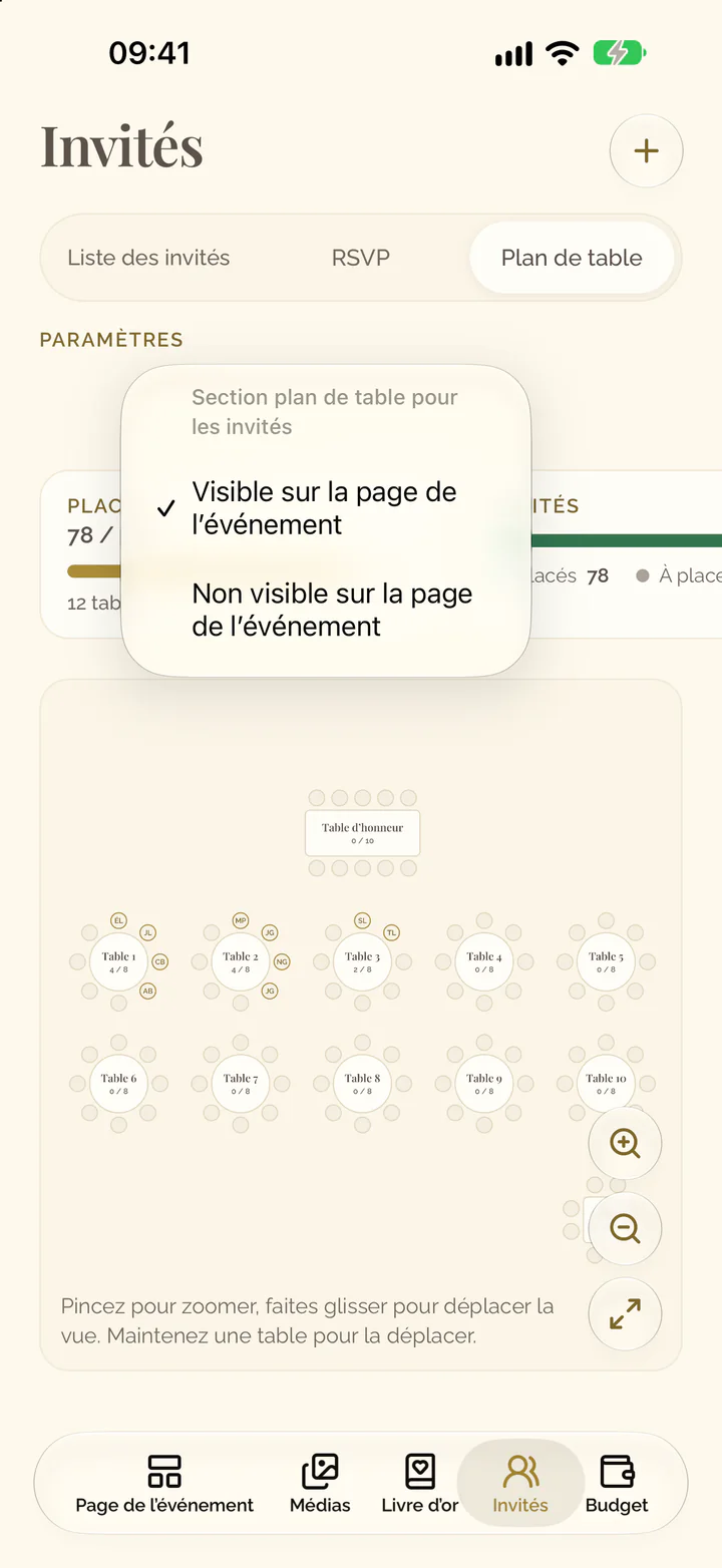 Le menu ouvert du réglage Plan de table : Visible sur la page de l’événement ou Non visible sur la page de l’événement