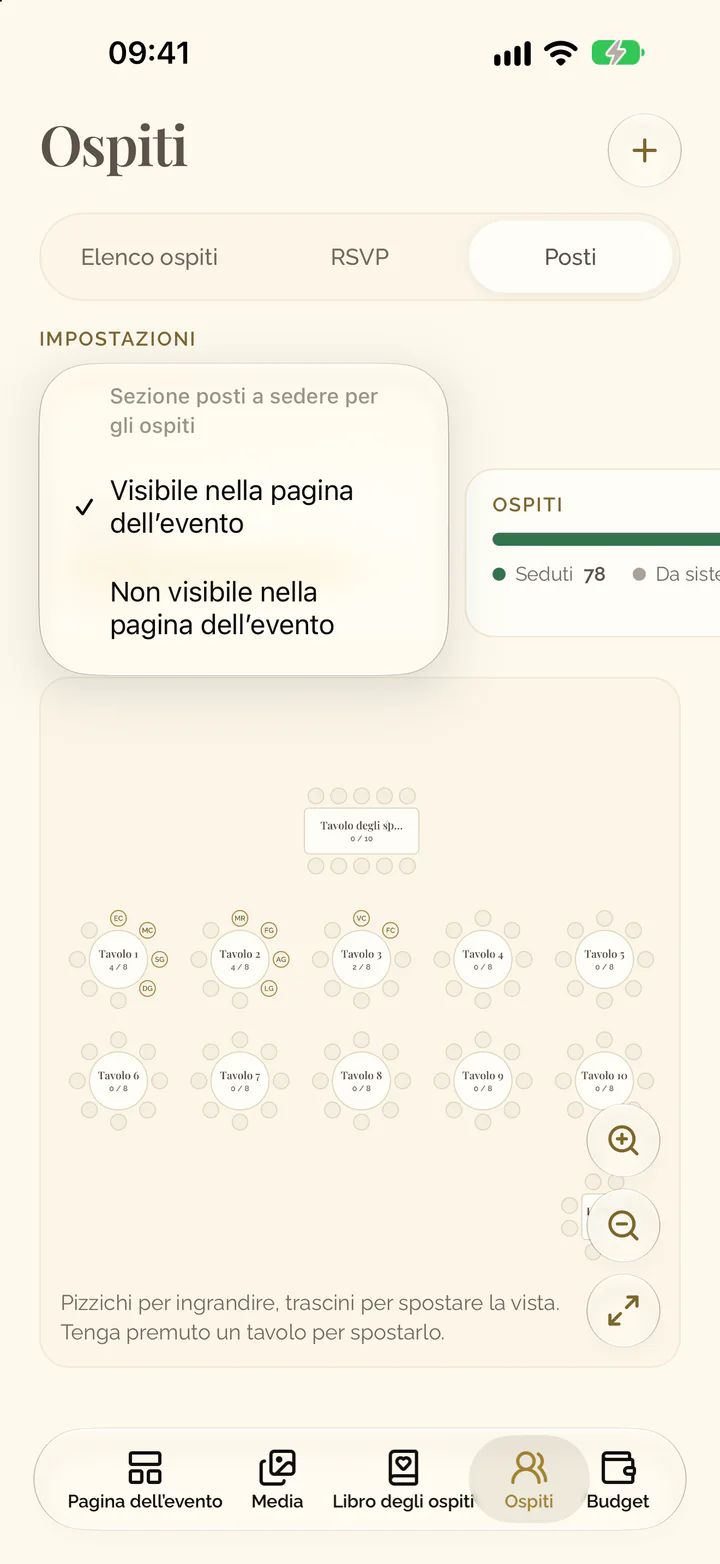 Il menu aperto dell’impostazione Posti a sedere: Visibile nella pagina dell’evento o Non visibile nella pagina dell’evento