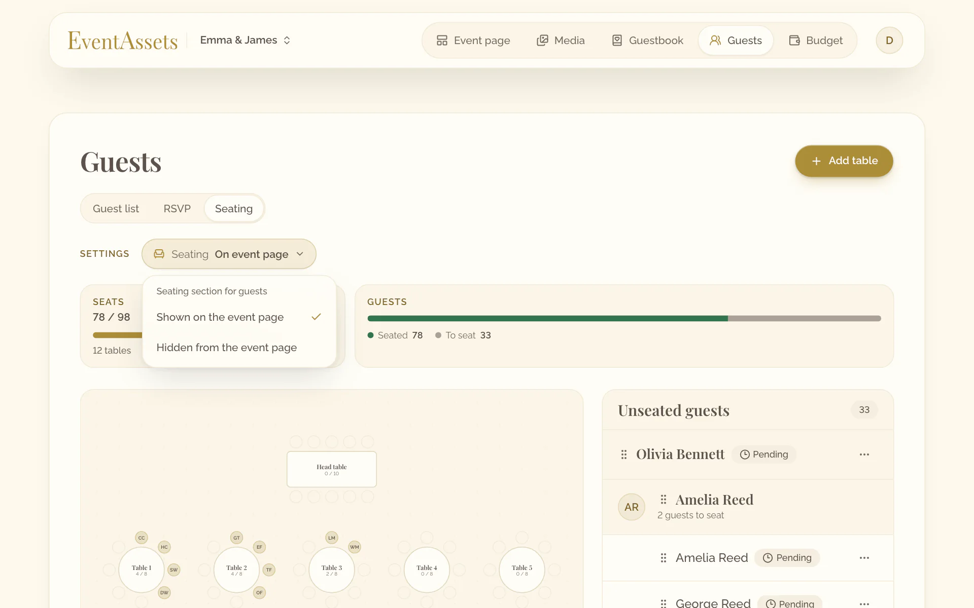 The open menu of the Seating setting: Shown on the event page or Hidden from the event page