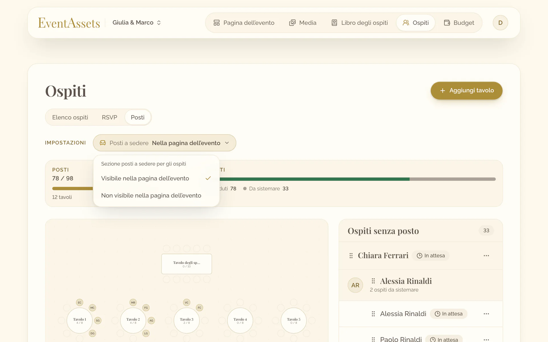 Il menu aperto dell’impostazione Posti a sedere: Visibile nella pagina dell’evento o Non visibile nella pagina dell’evento