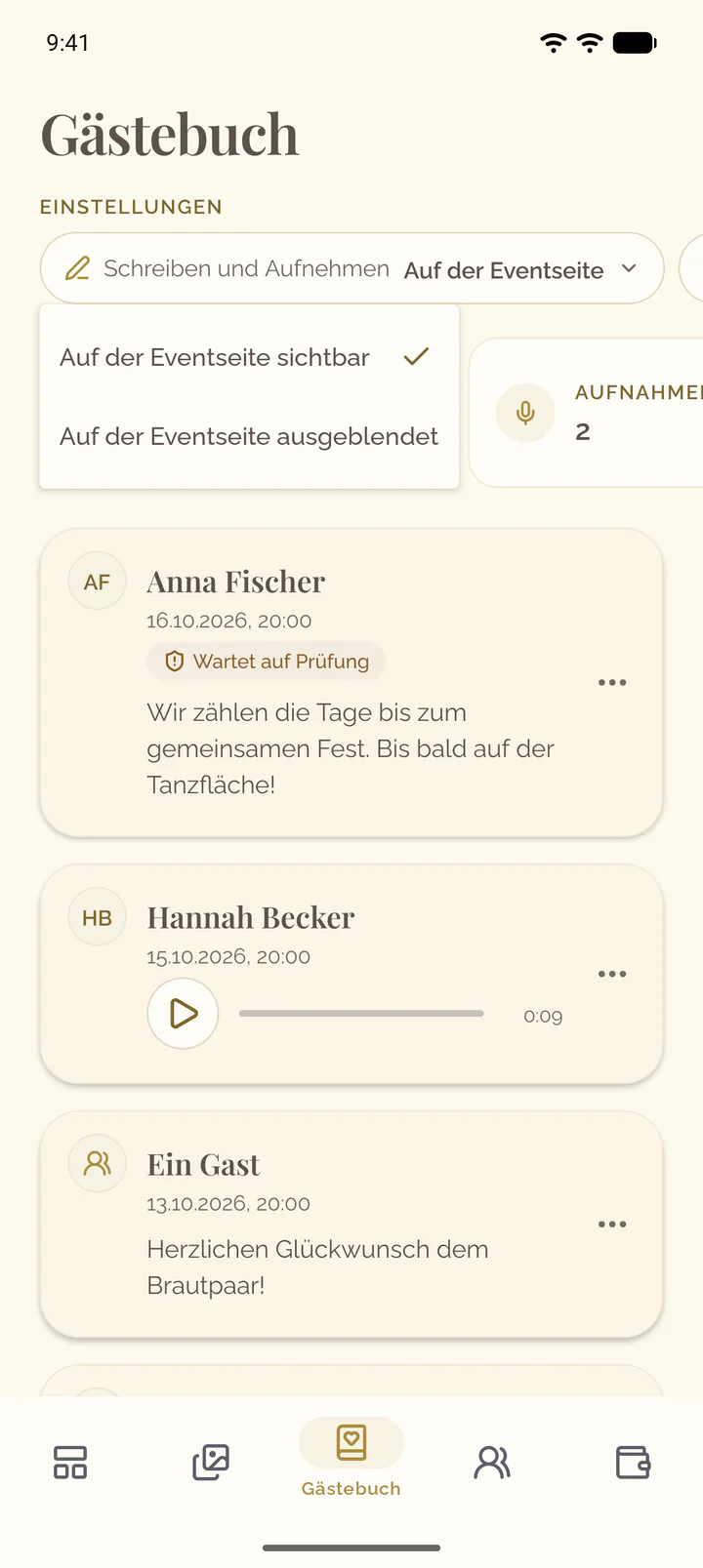 Das Menü der Einstellung Schreiben und Aufnehmen in der App